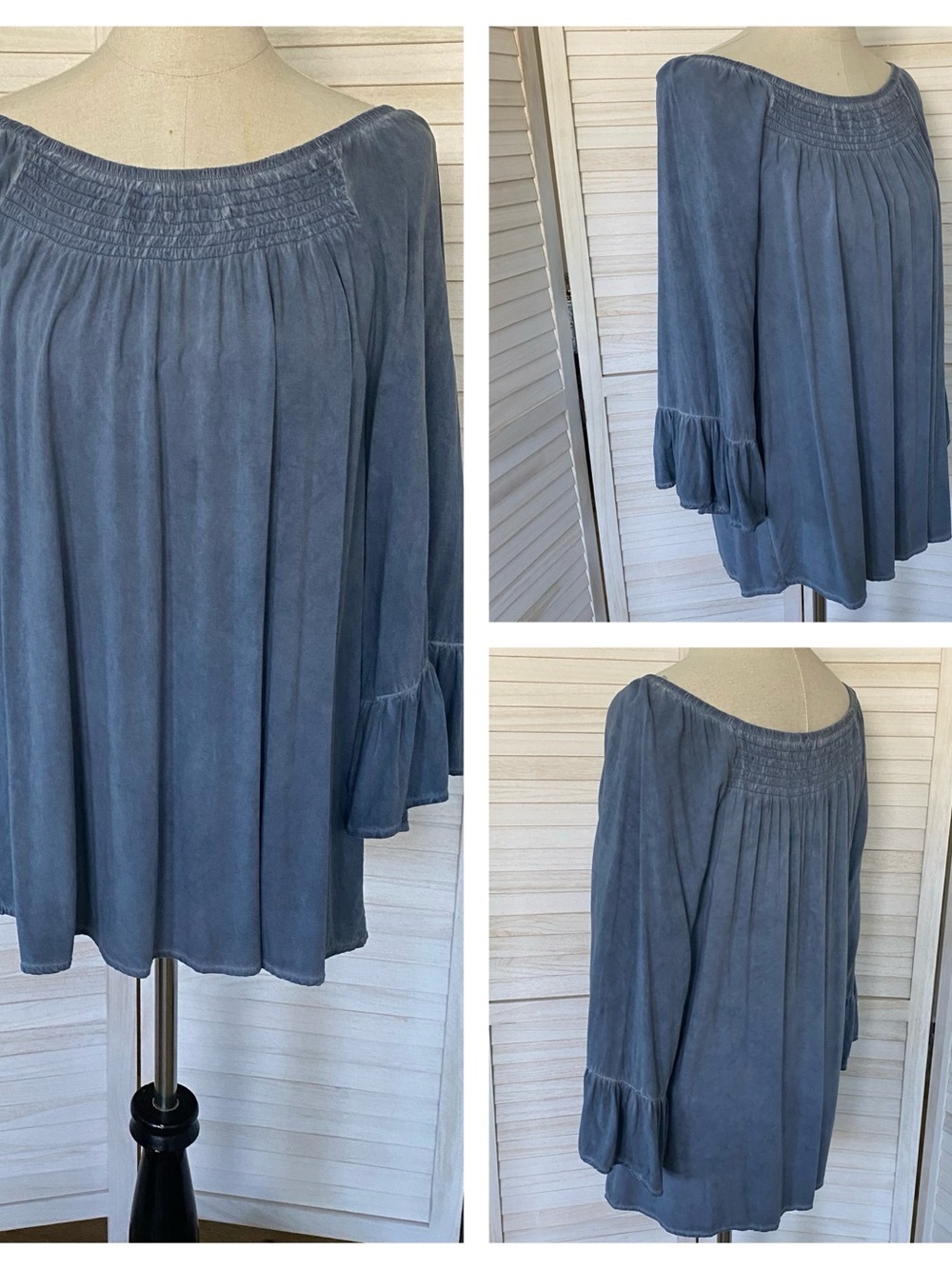 Spense Slate Blue Off-Shoulder Peasant Boho Top SZ L